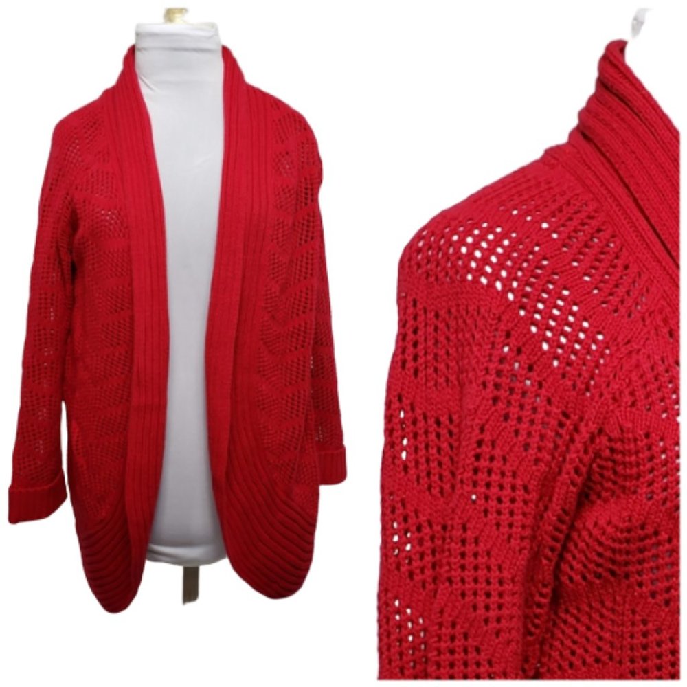 Candie's Crochet Mesh Knit Cardigan Red Medium
